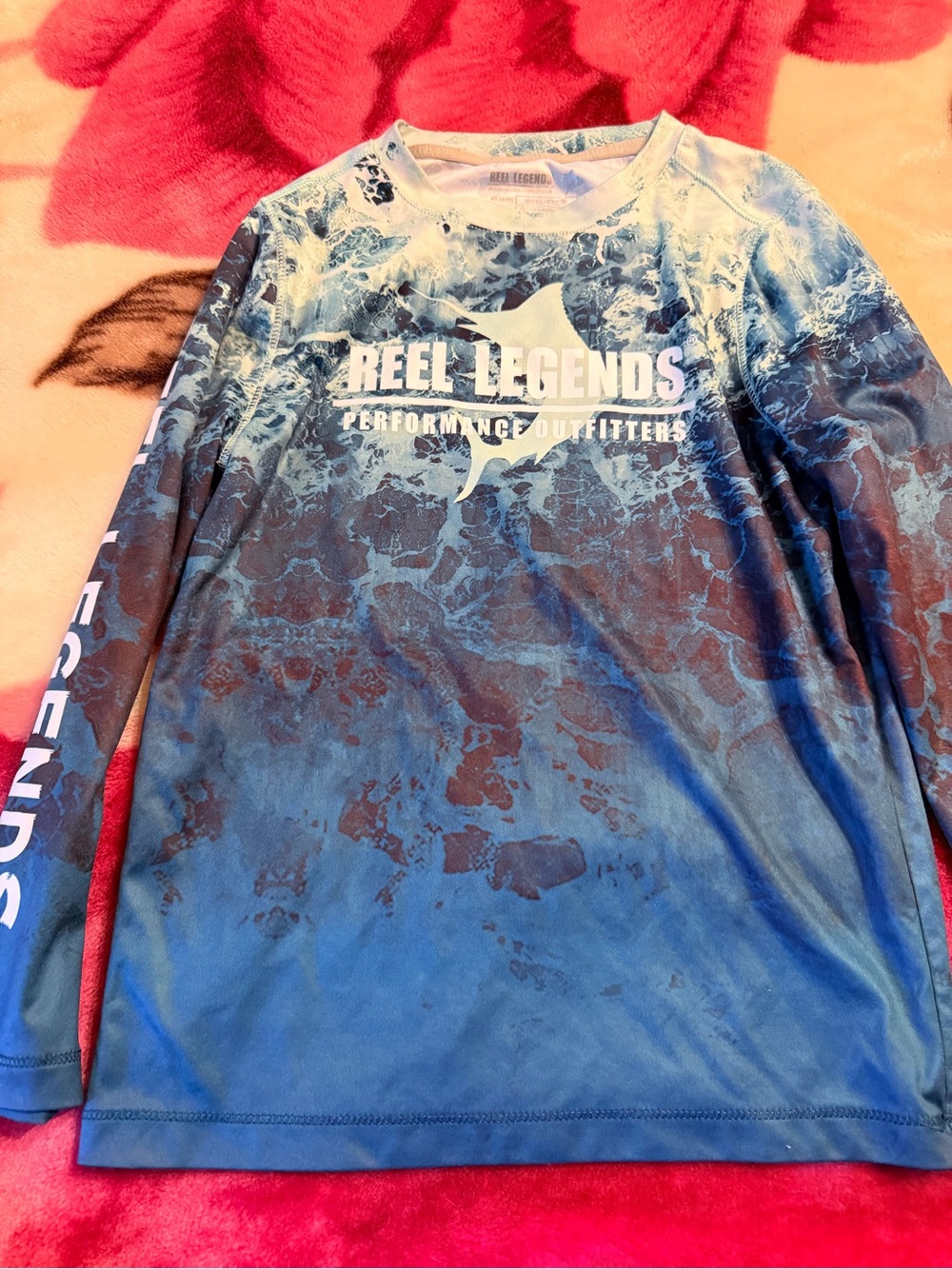 Reel Legends Blue and White Men's Long-Sleeve Swim Rash Guard